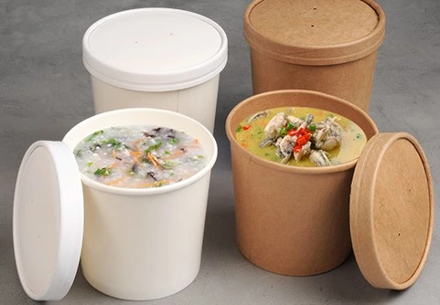 Hiro Eco Friendly Disposable Takeaway Food Container Kraft Paper Noodle Bowls Hot Soup Cup with Paper Flat Lid