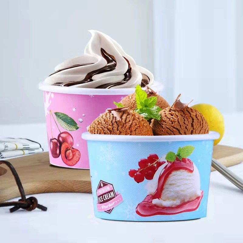 Cheap Food Grade Custom Printed 8 Oz Disposable Ice Cream Paper Gelato Cups Free Sample Paper Cup with Lid and Spoon